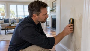 A professional mold assessor inspecting a Long Island home interior using a moisture meter near a wall with subtle water staining.